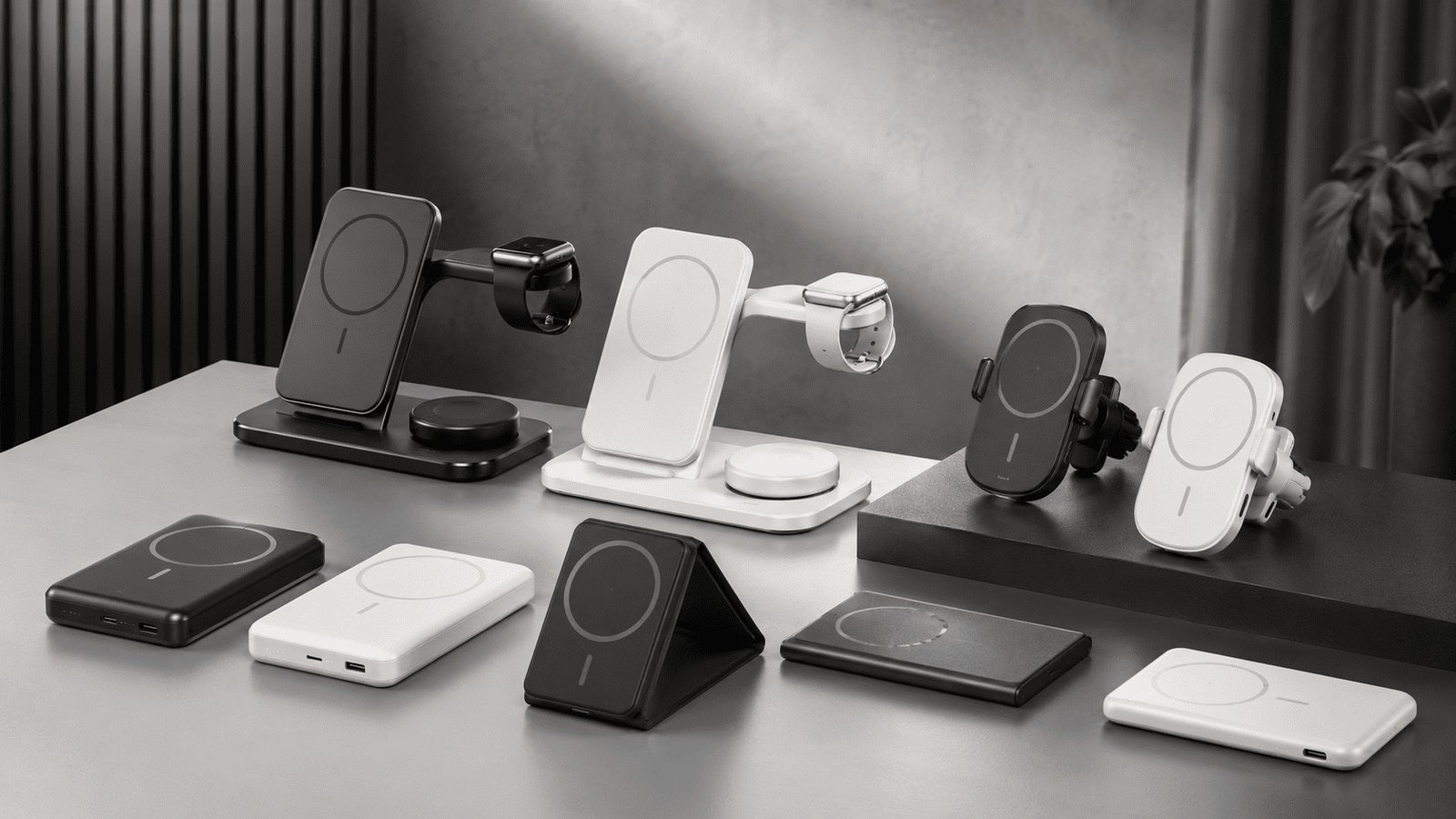 A collection of magnetic power banks, car wireless chargers, and desktop 3-in-1 charging stations