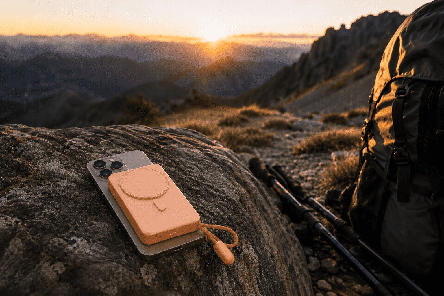 A Qi2.2 power bank magnetically attached to a phone with a mountain trail in the background