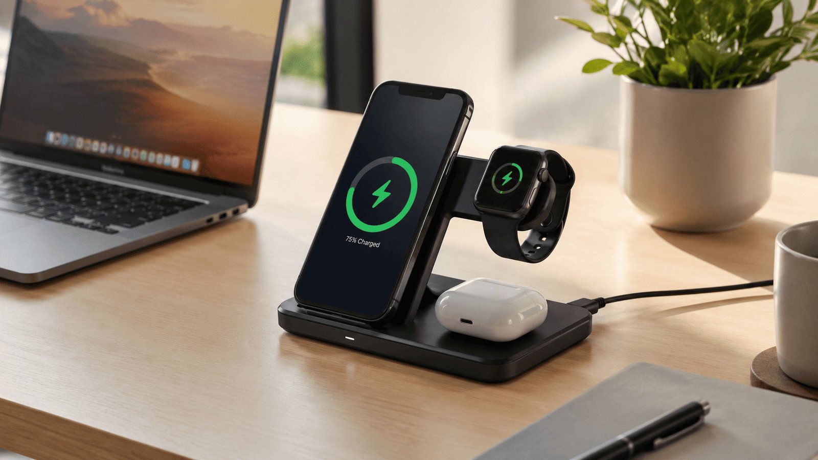 A minimalist desk setup with a 3-in-1 wireless charging station neatly charging a phone, watch, and earbuds.