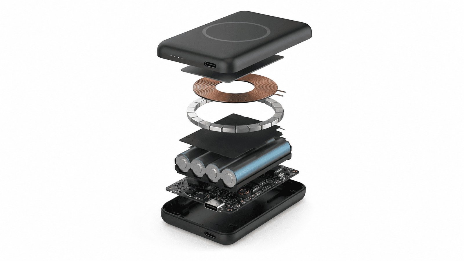An exploded view of a magnetic power bank showing the battery, magnets, and circuit board