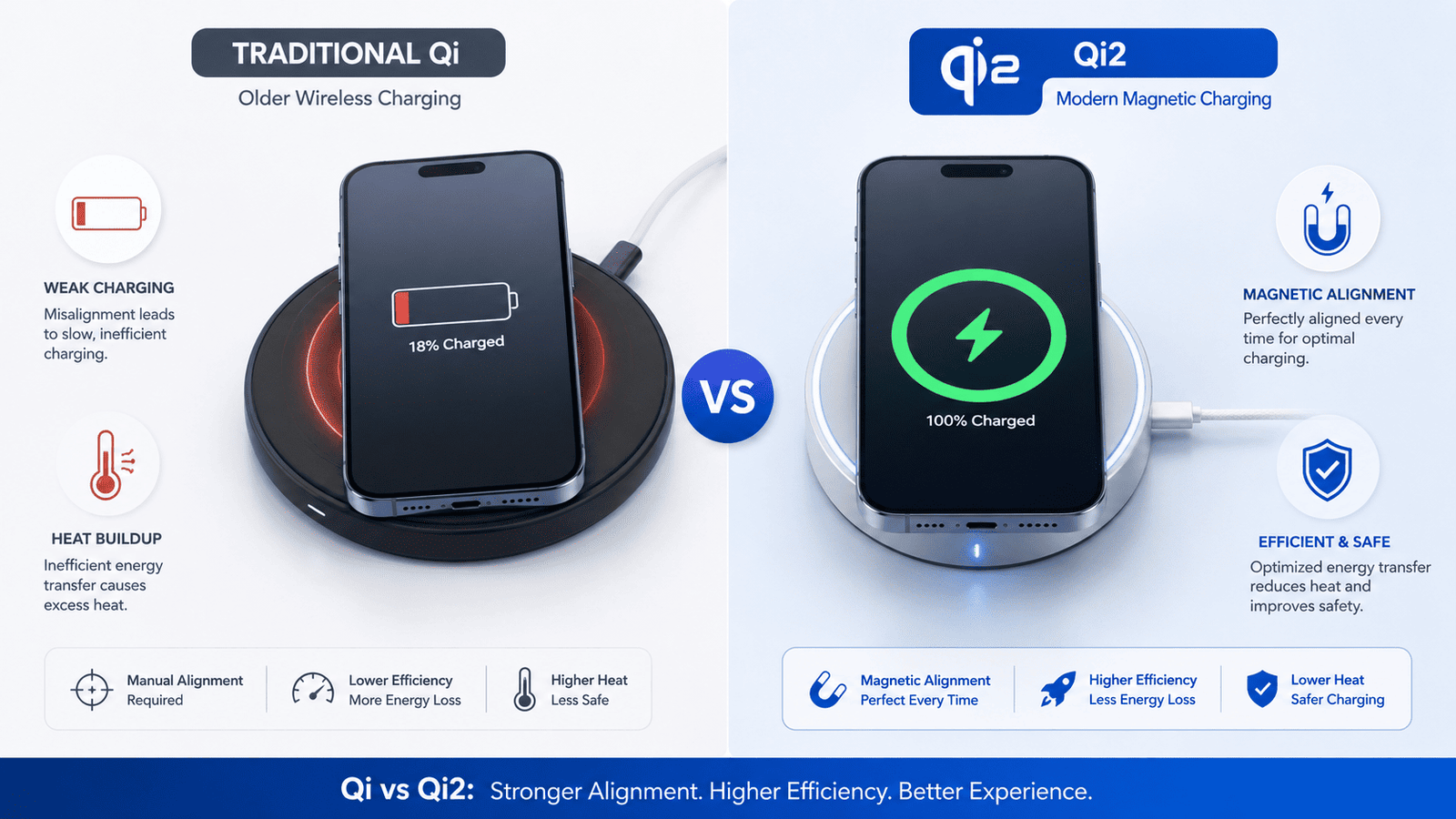 Side-by-side comparison of a traditional Qi charger and a magnetic Qi2 charger.
