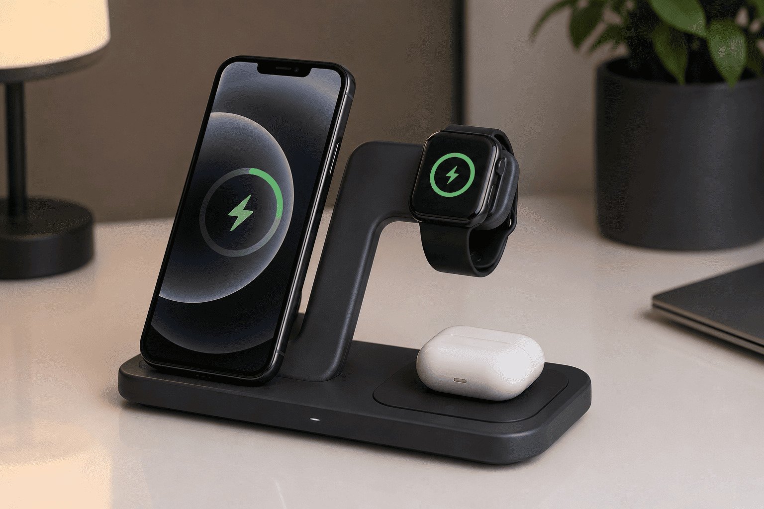 Close-up of a 3-in-1 charging station showing the three distinct charging zones.