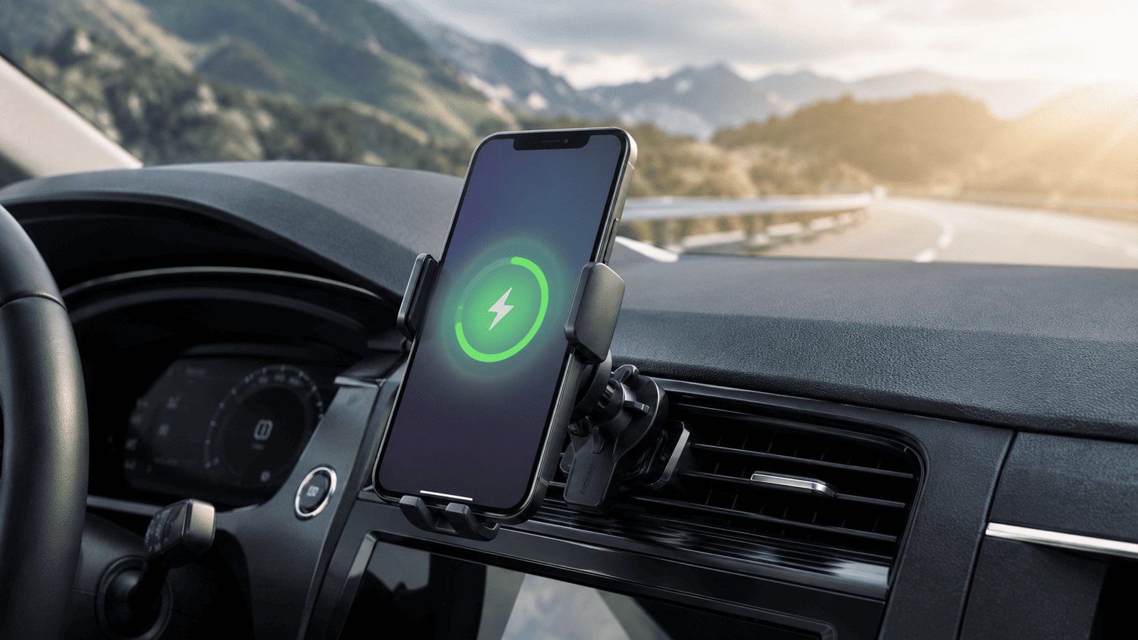 A wireless car charger mounted on the air vent of a car dashboard