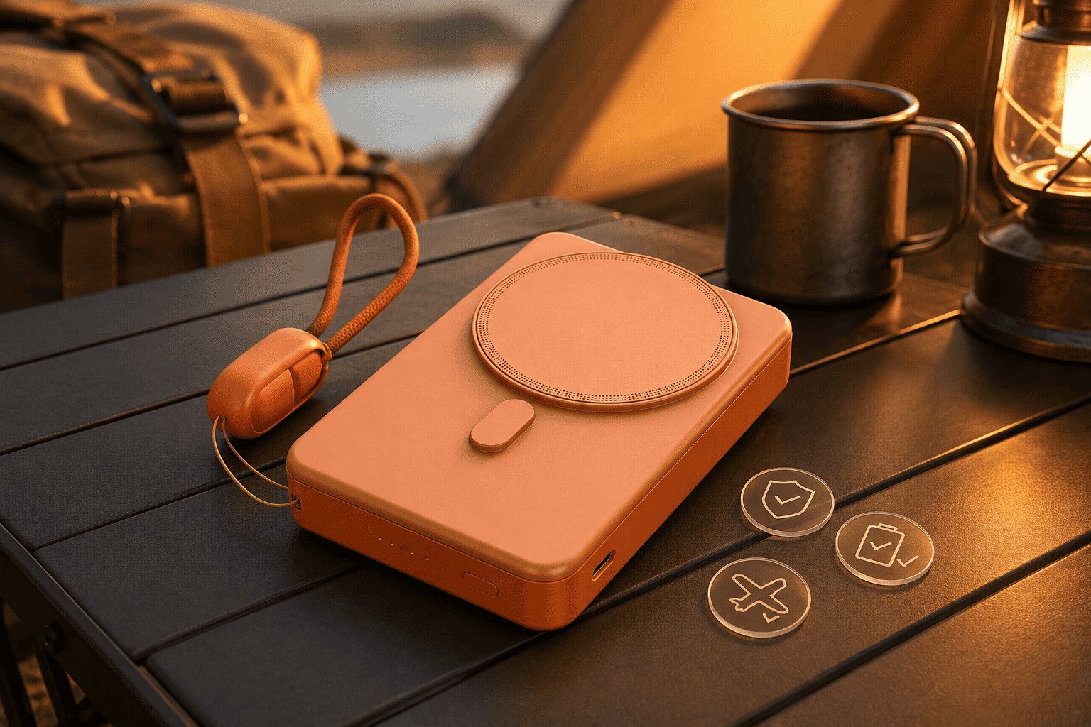 Close-up of safety certification symbols like CE, FCC, and RoHS on a power bank