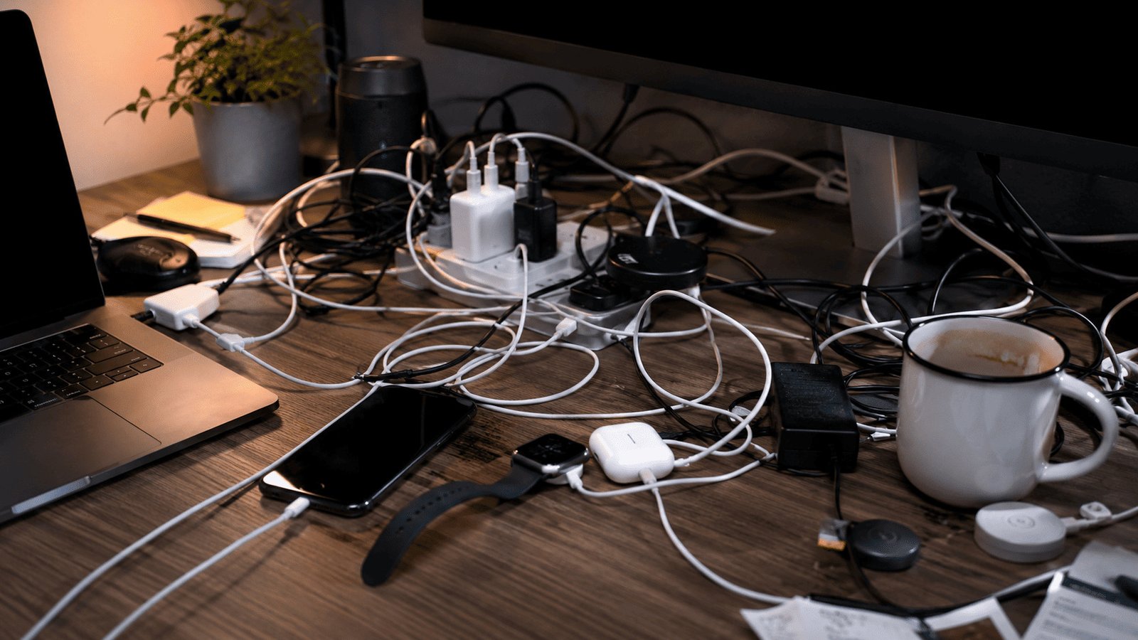 A messy desk with tangled wires for a phone, laptop, and monitor.