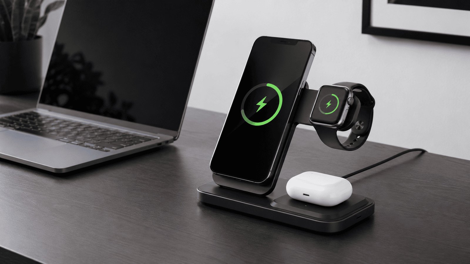 A 3-in-1 desktop wireless charger neatly charging a smartphone, smartwatch, and earbuds