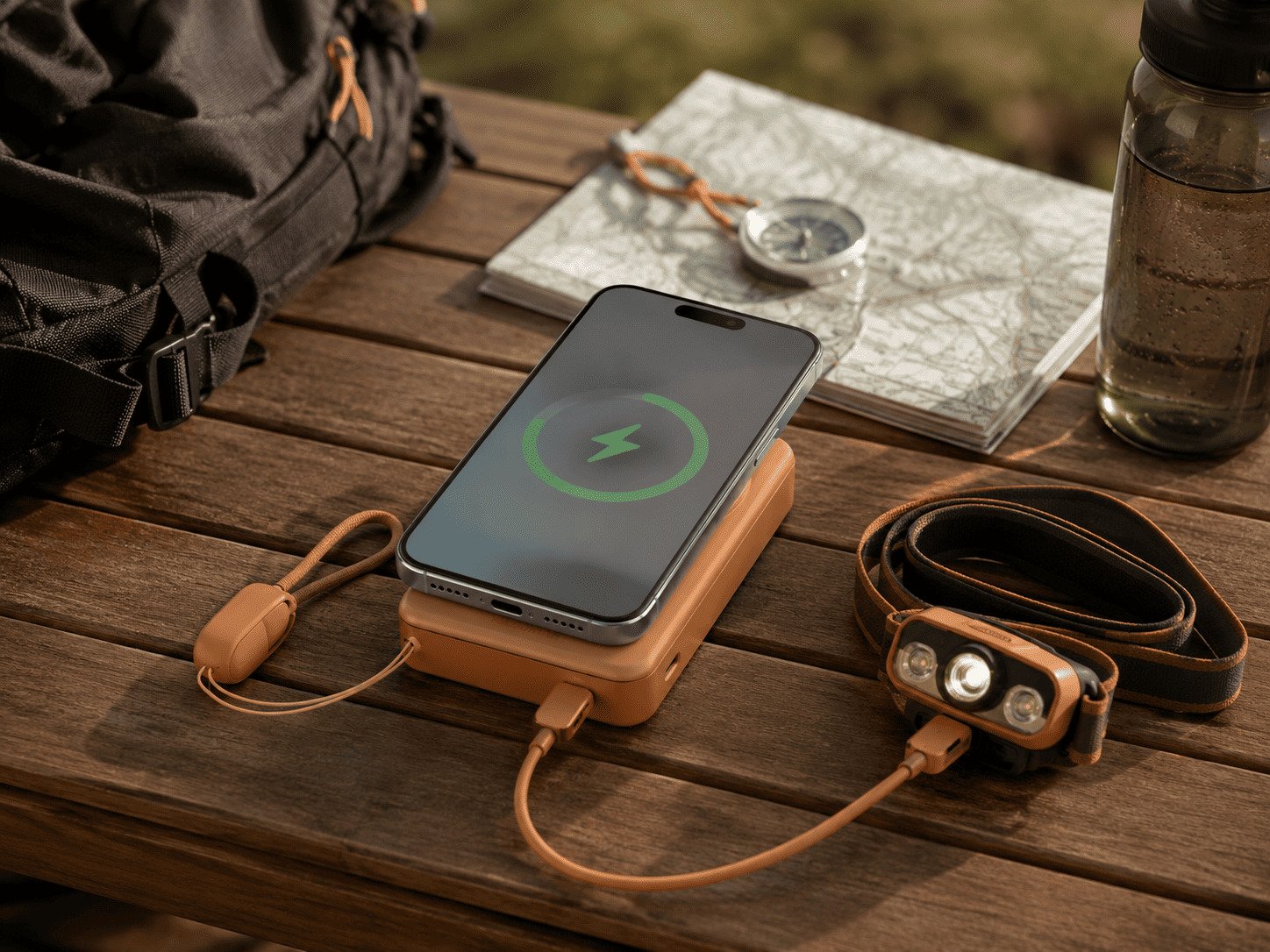A Qi2.2 power bank charging a phone wirelessly and a headlamp via its USB-C port