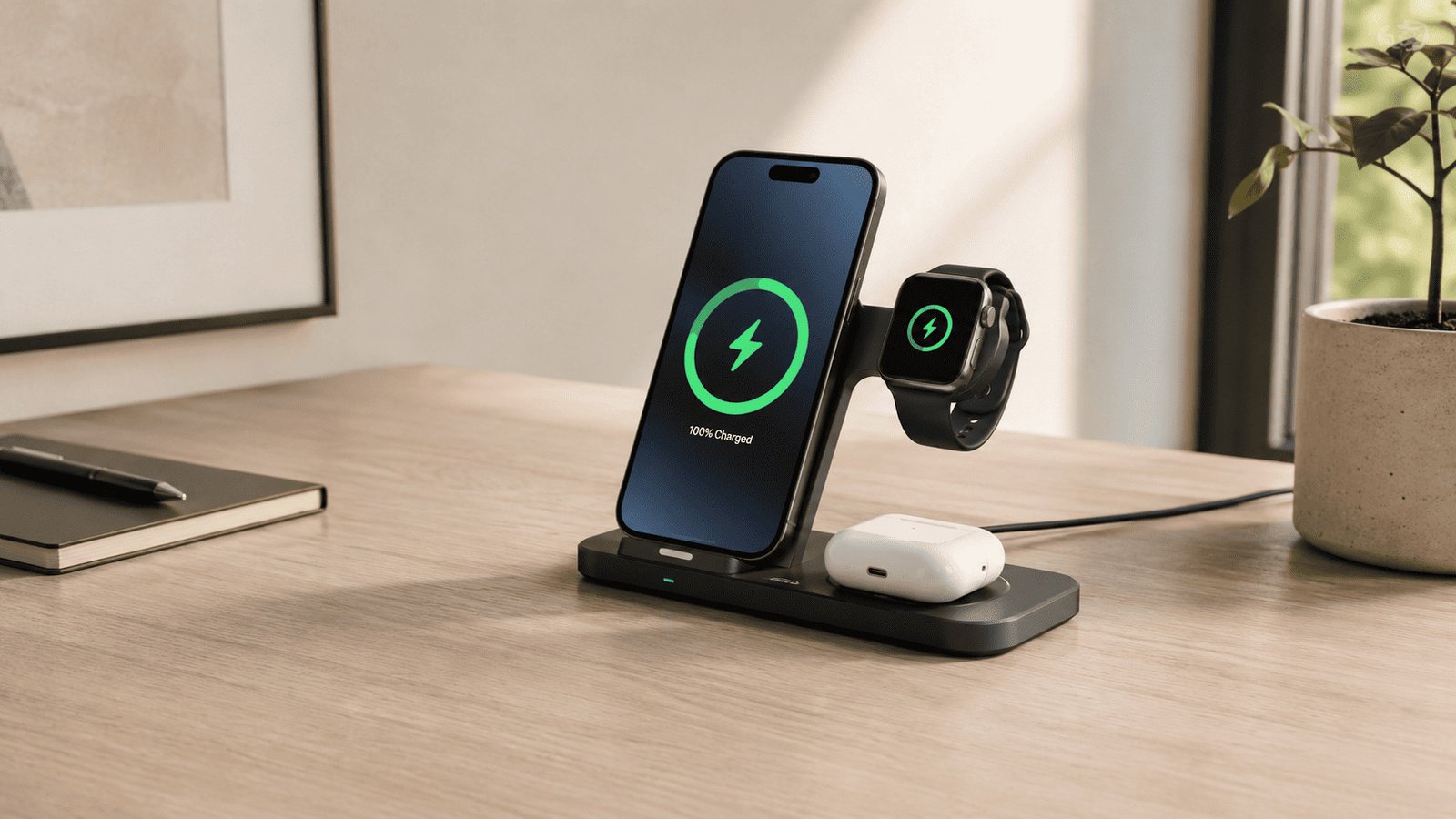 A 3-in-1 charger acting as an organizational hub on a desk.
