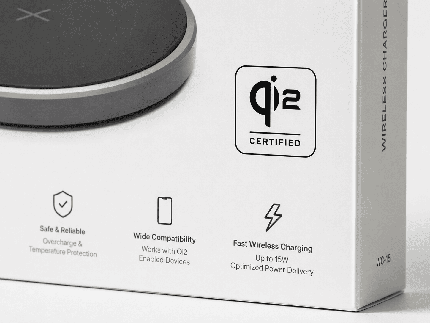 Close-up of the official Qi2 certification logo on a product box.