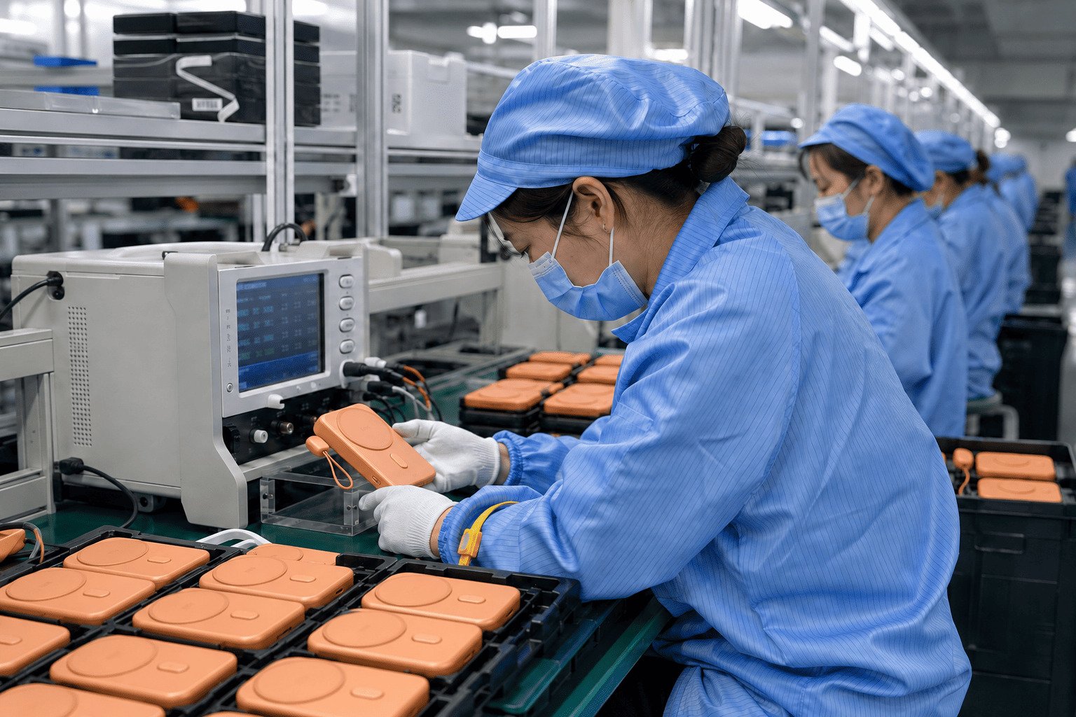 A factory floor showing workers assembling and testing wireless chargers