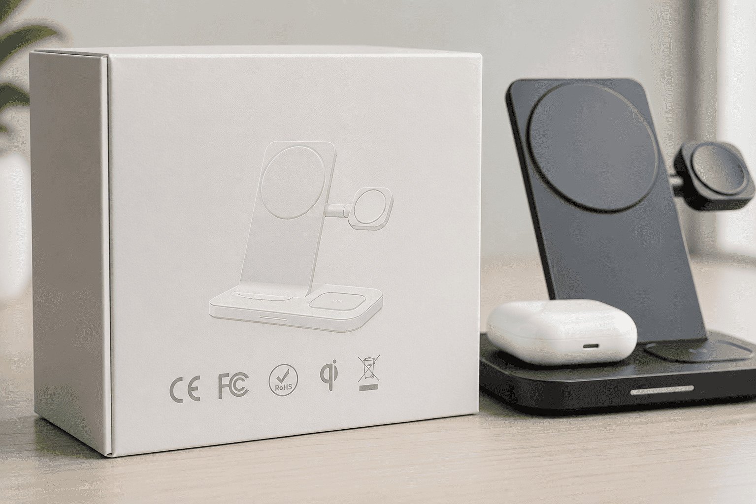 Certifications like CE, FCC, RoHS shown on a charger's packaging.