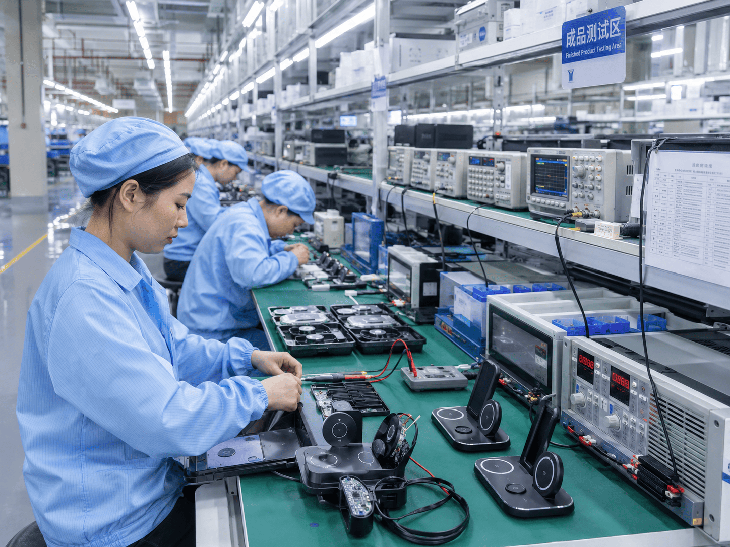Inside a modern wireless charger factory with assembly lines.