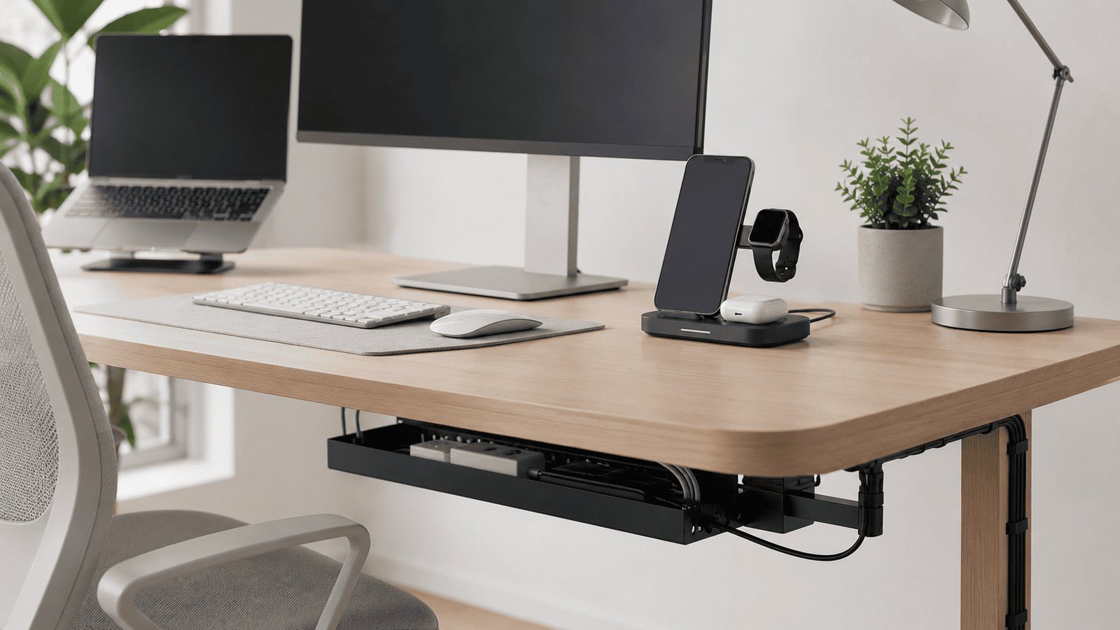 A clean desk showing a 3-in-1 charger on the surface and cables managed neatly underneath.