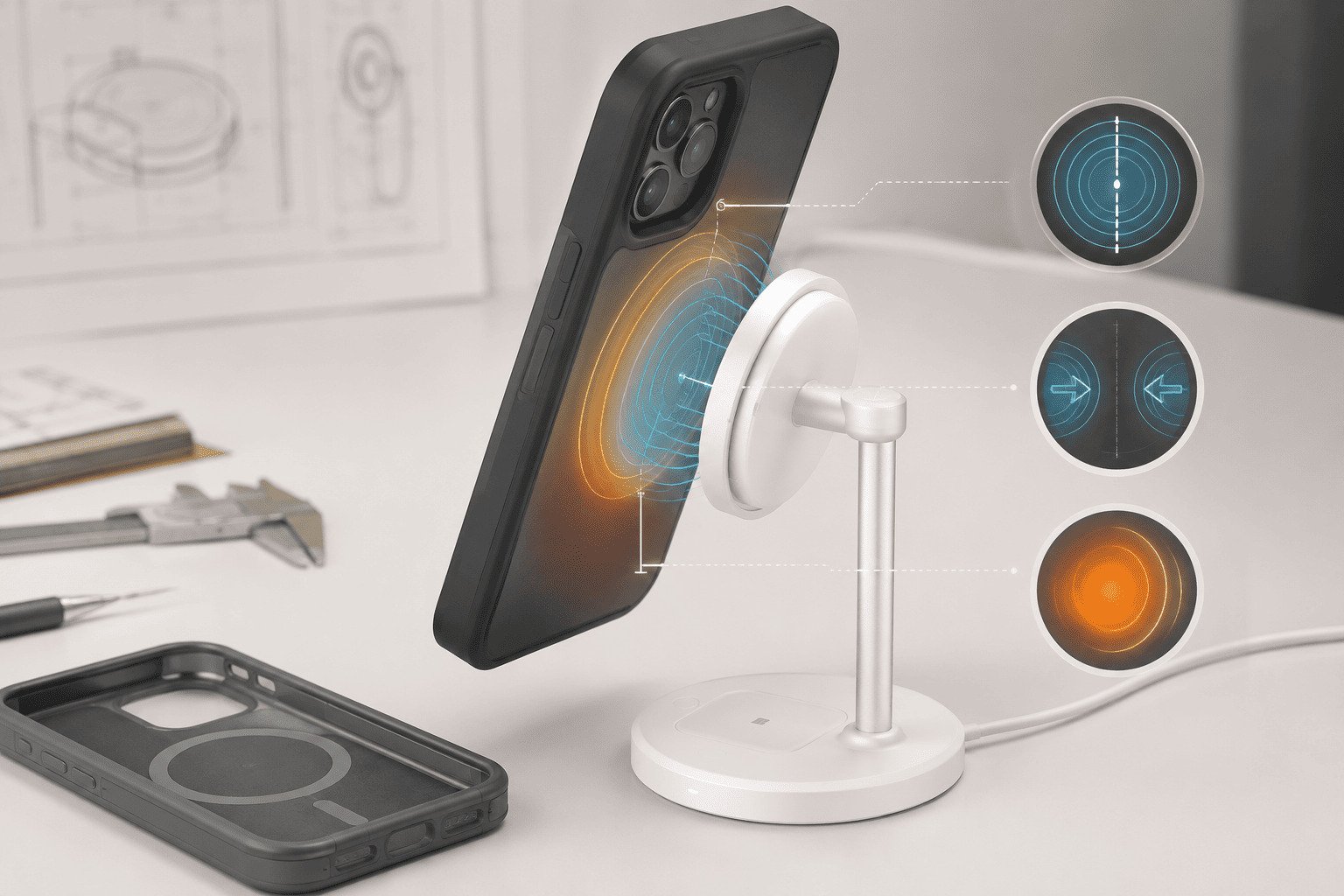 How thick phone cases affect Qi2 25W coil distance magnetic coupling and heat