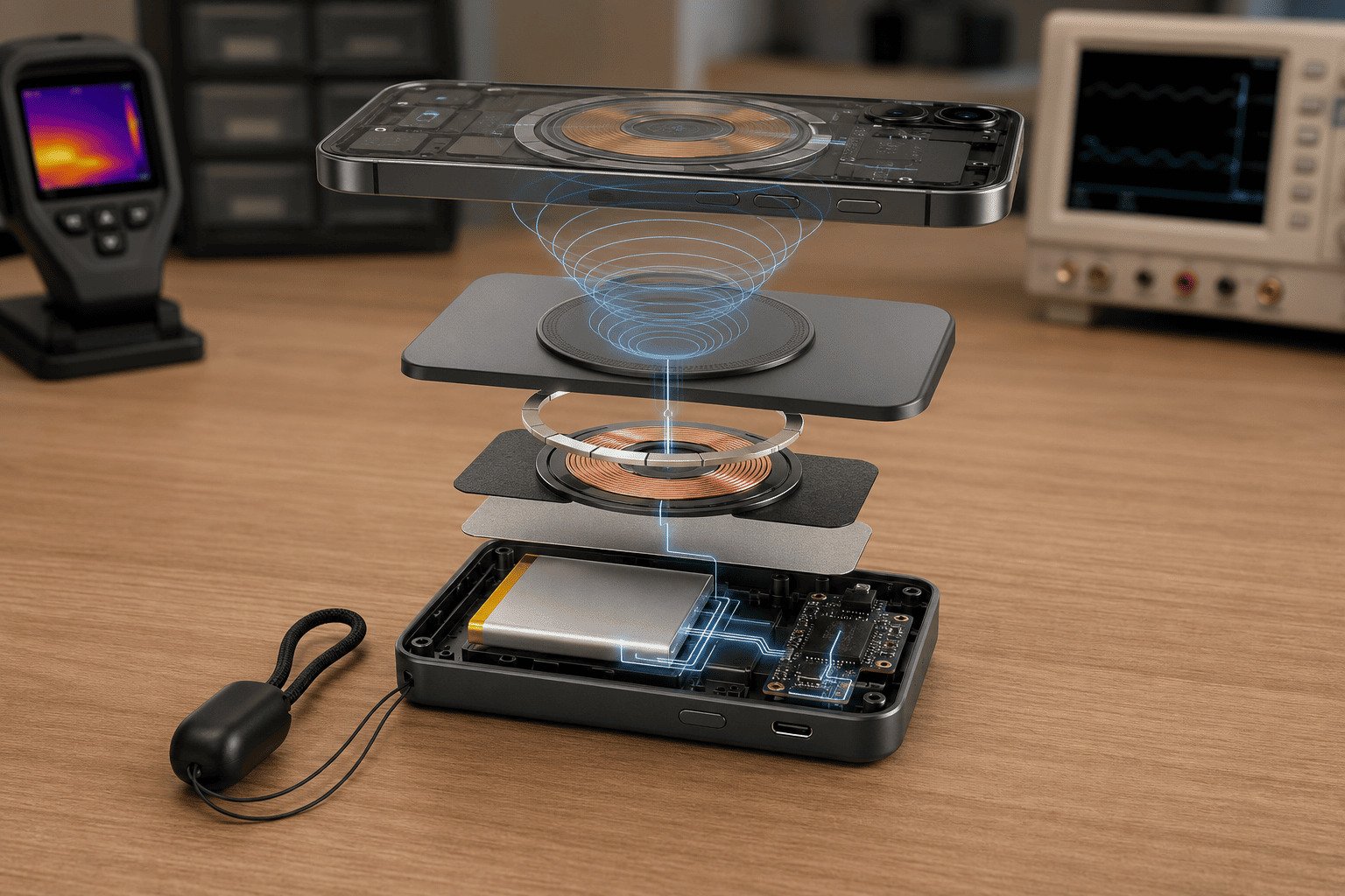 wireless power bank internal battery coil and phone charging process
